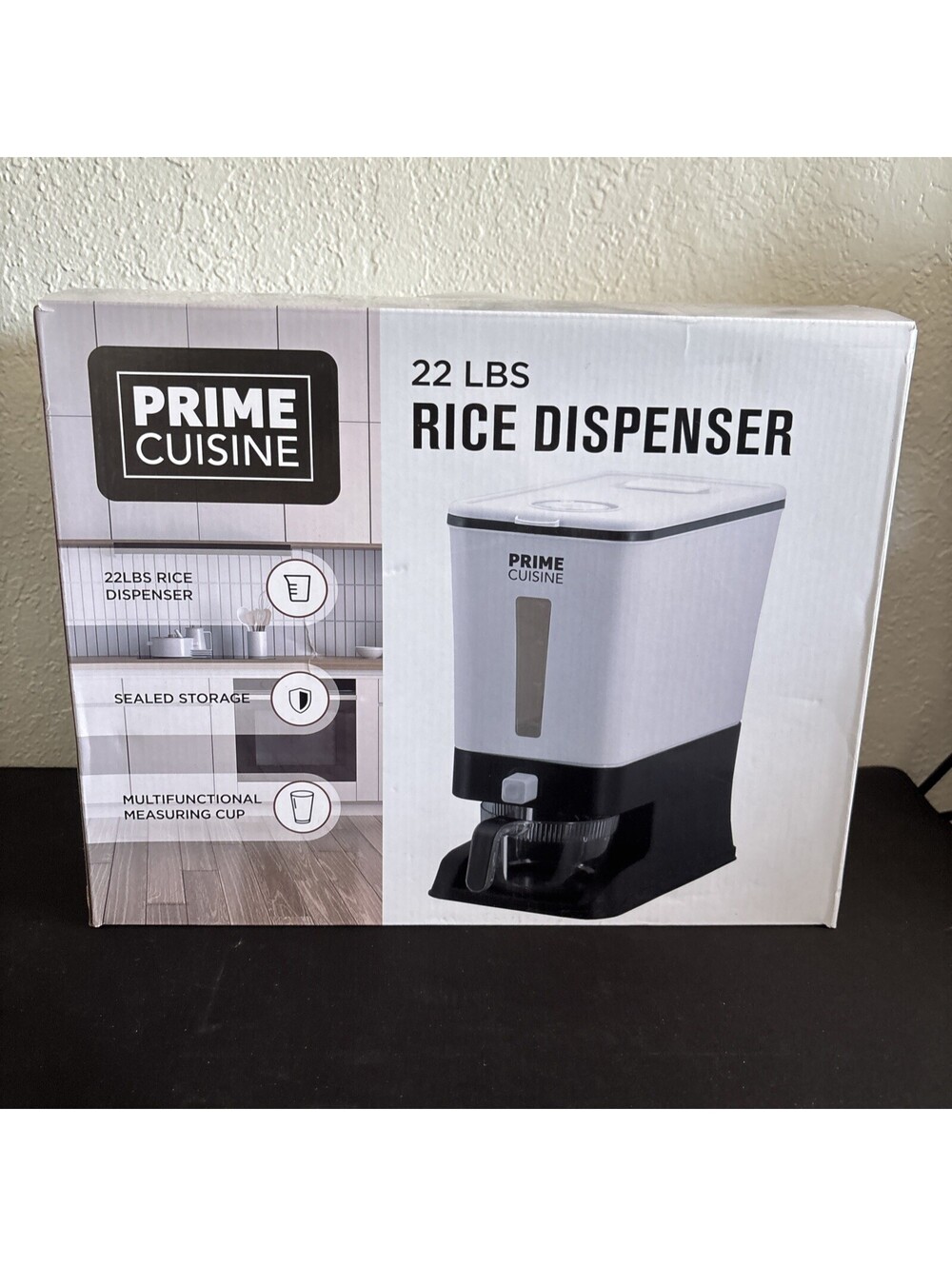 NIB Prime Cuisine 22 LBS Rice Dispenser Smart Grain Storage and Measuring Cup